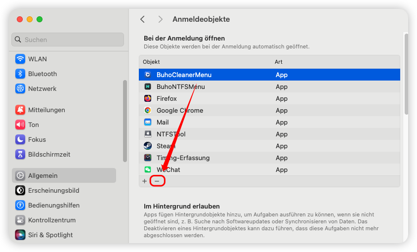 Anmeldeobjekte auf macOS Tahoe entfernen
