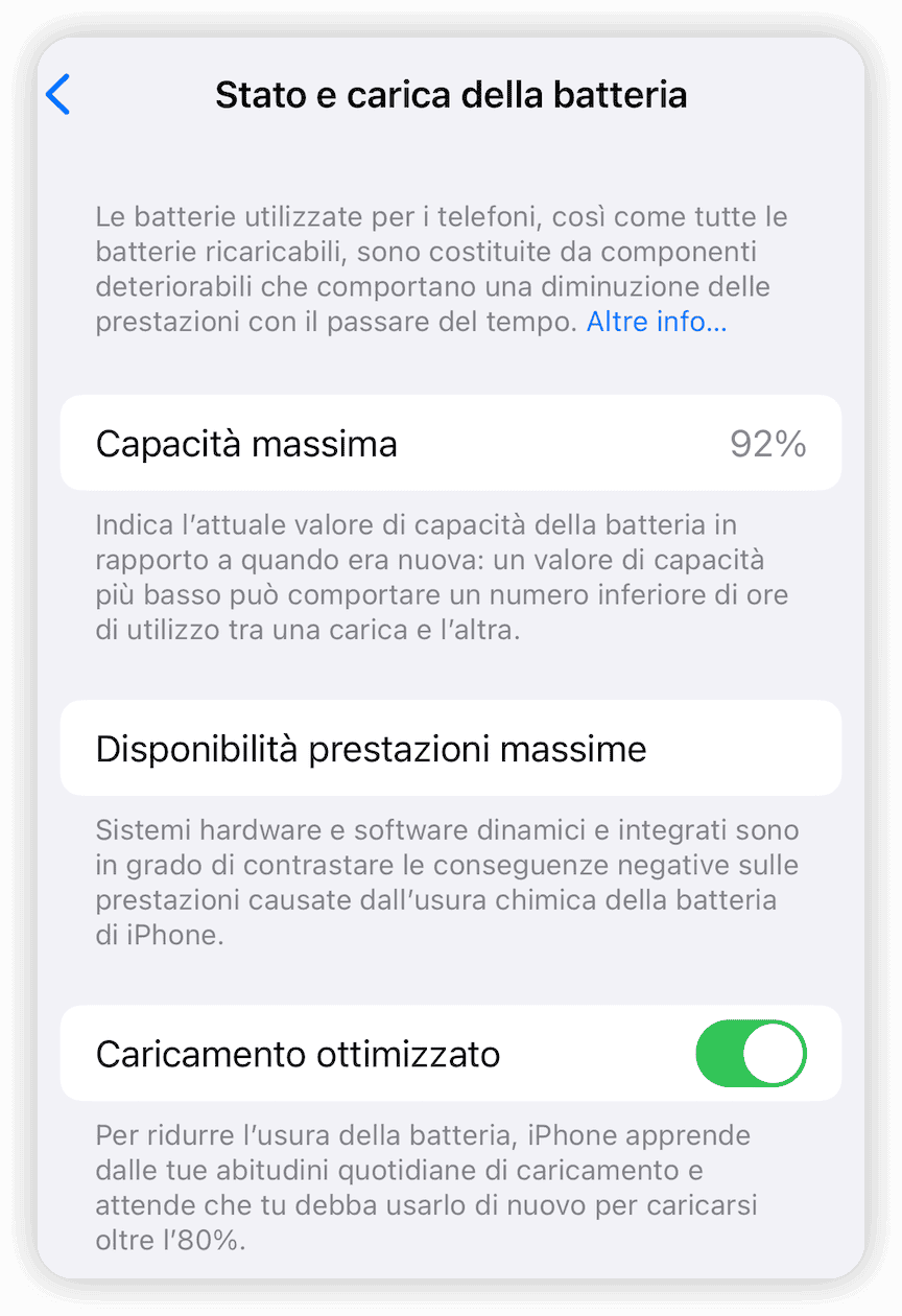 Attivare la Carica ottimizzata della batteria