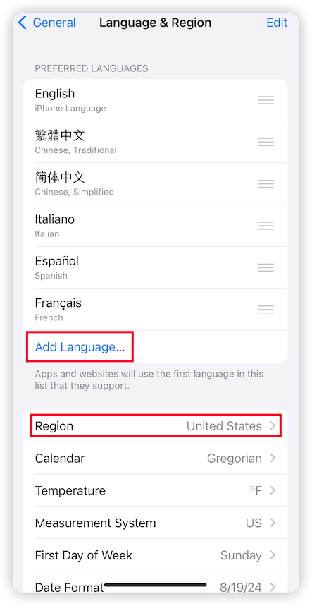 變更 iPhone 區域和語言