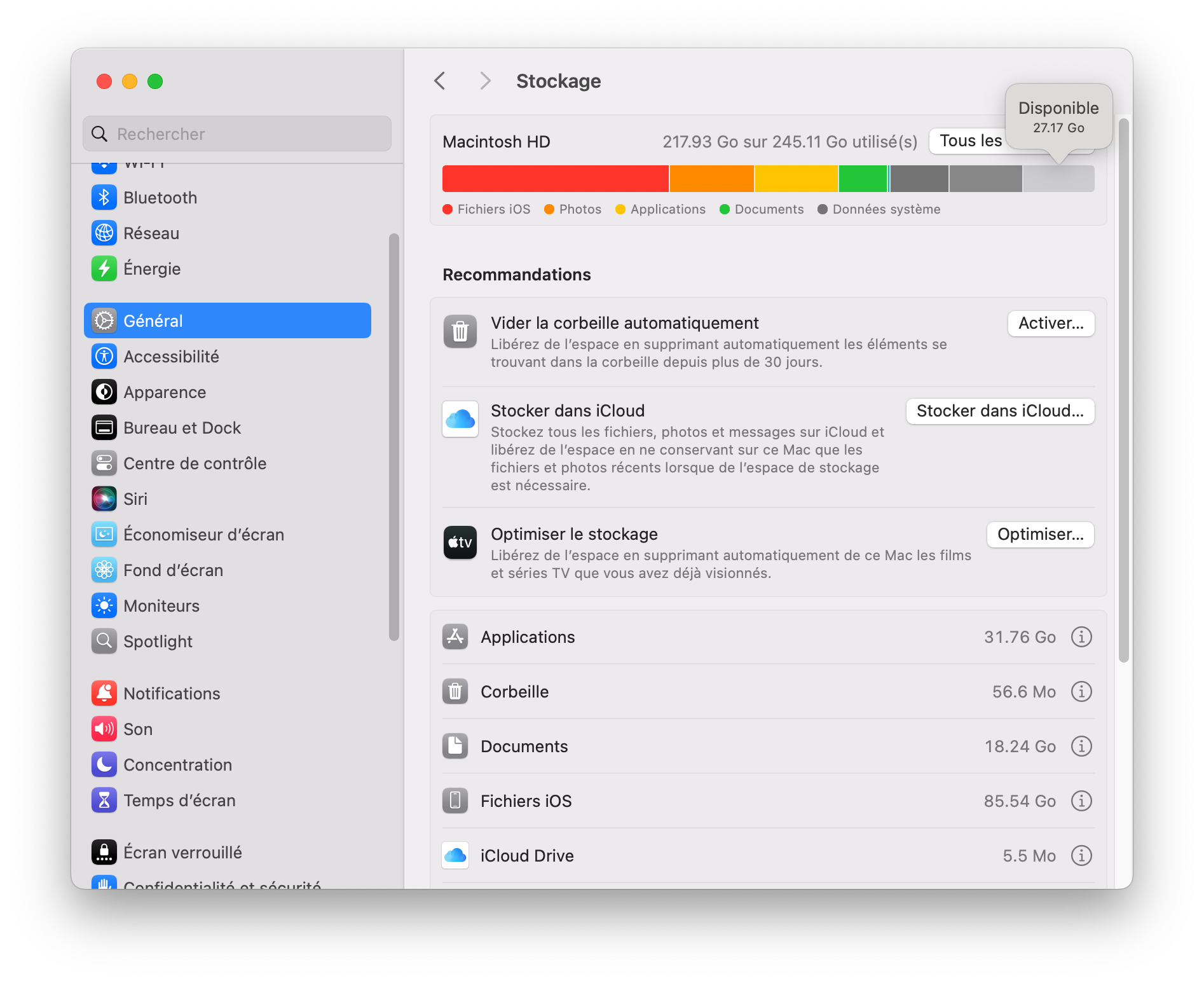 Vérifier l'espace de stockage disponible sue Mac