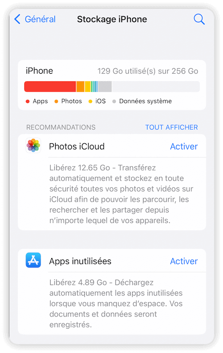 Vérifier la stockage d'iPhone dans Réglages