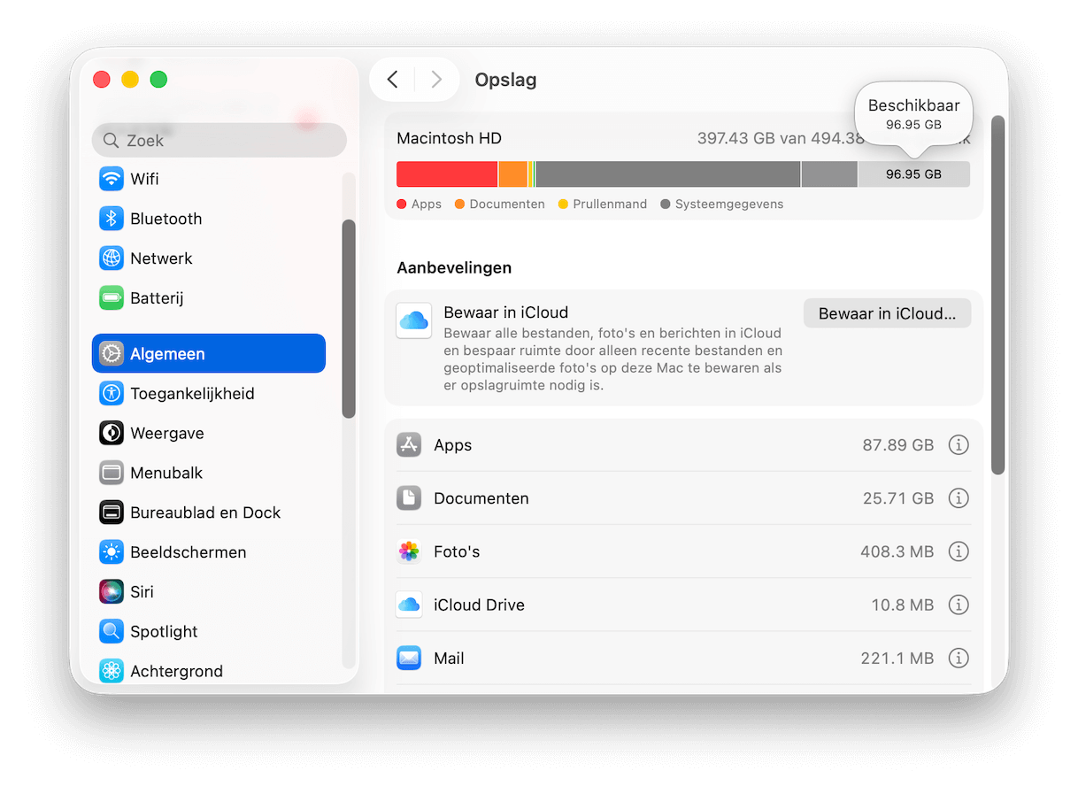 controleer opslagruimte mac