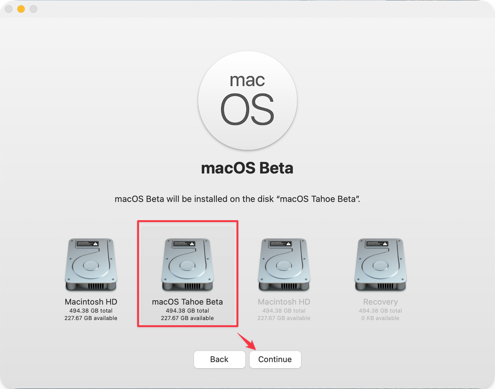 macOS Tahoe を選択し、続け