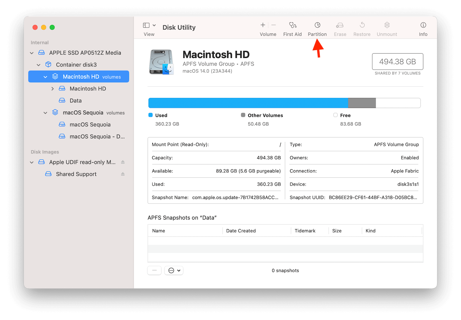 Click Patiton in Disk Utlity's Toolbar