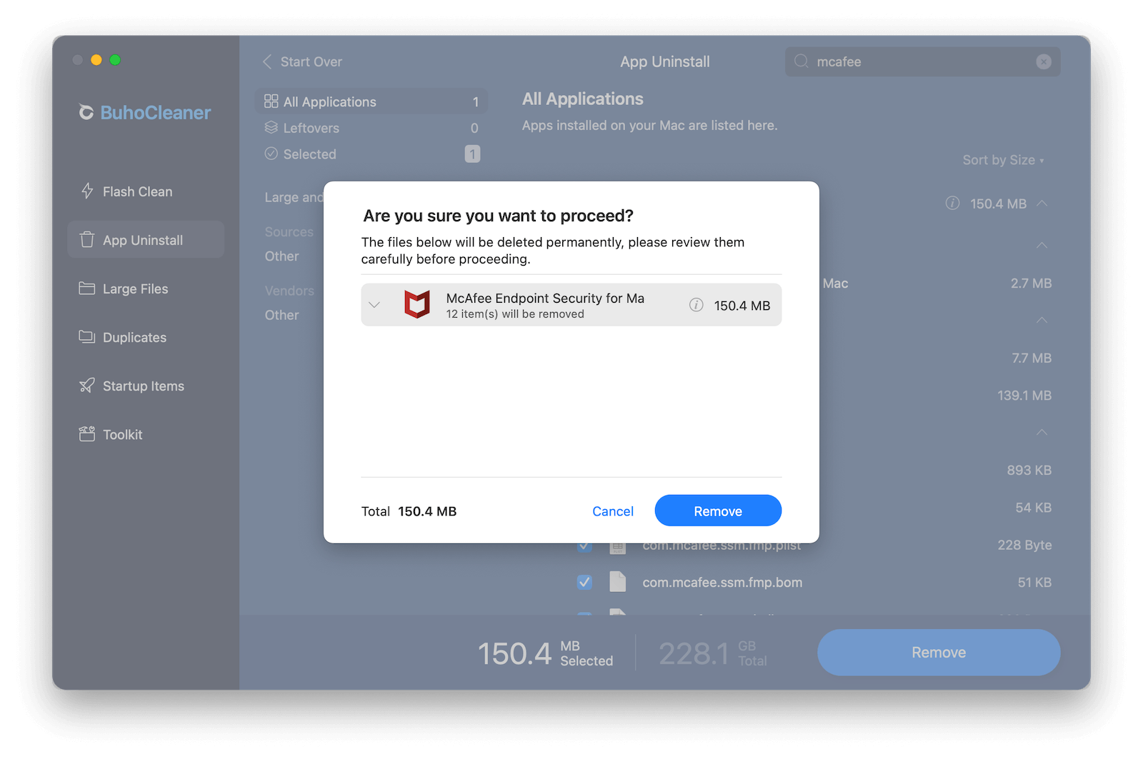 Confirm to Uninstall McAfee from Mac with BuhoCleaner