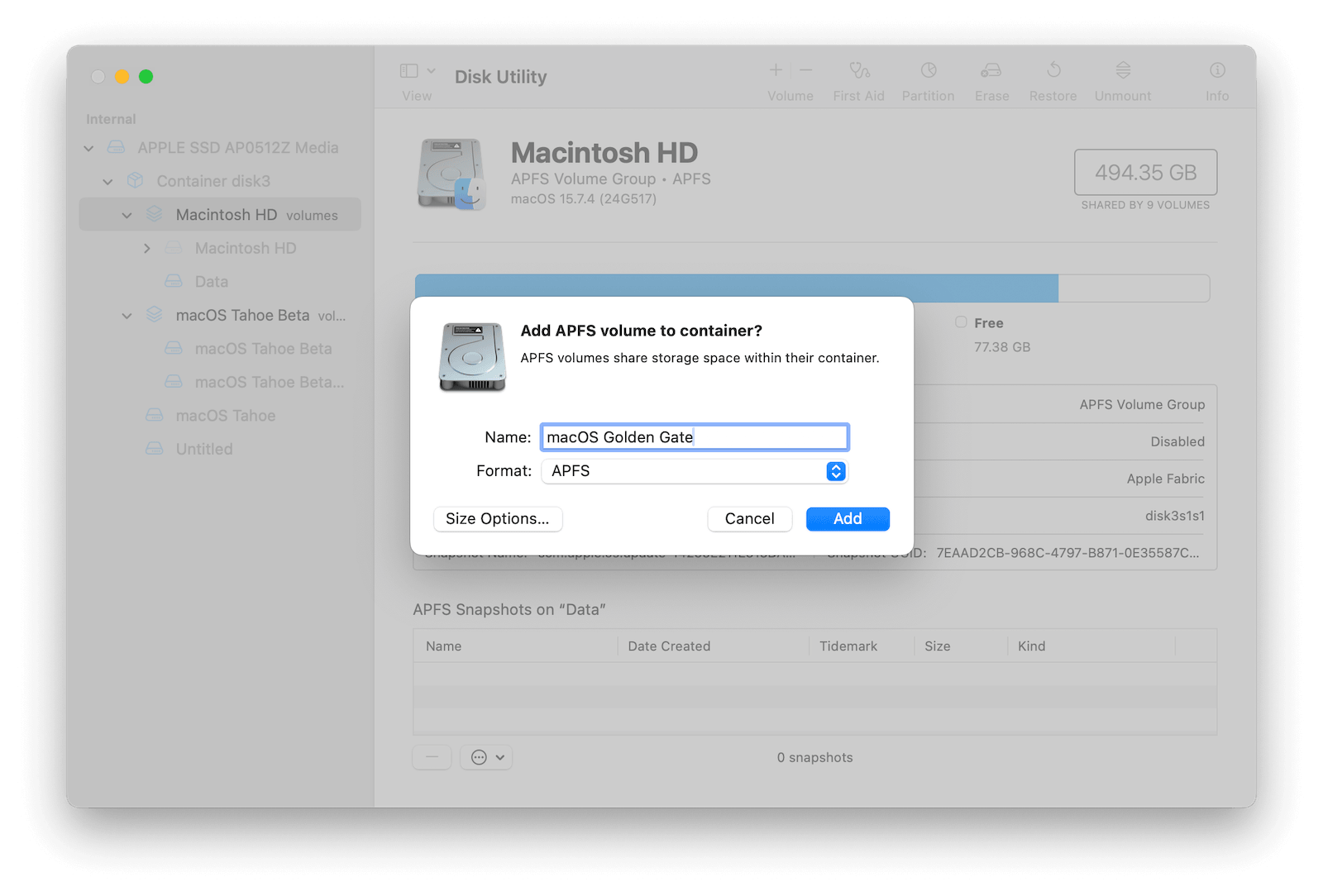 Create a New APFS Volume for macOS Golden Gate