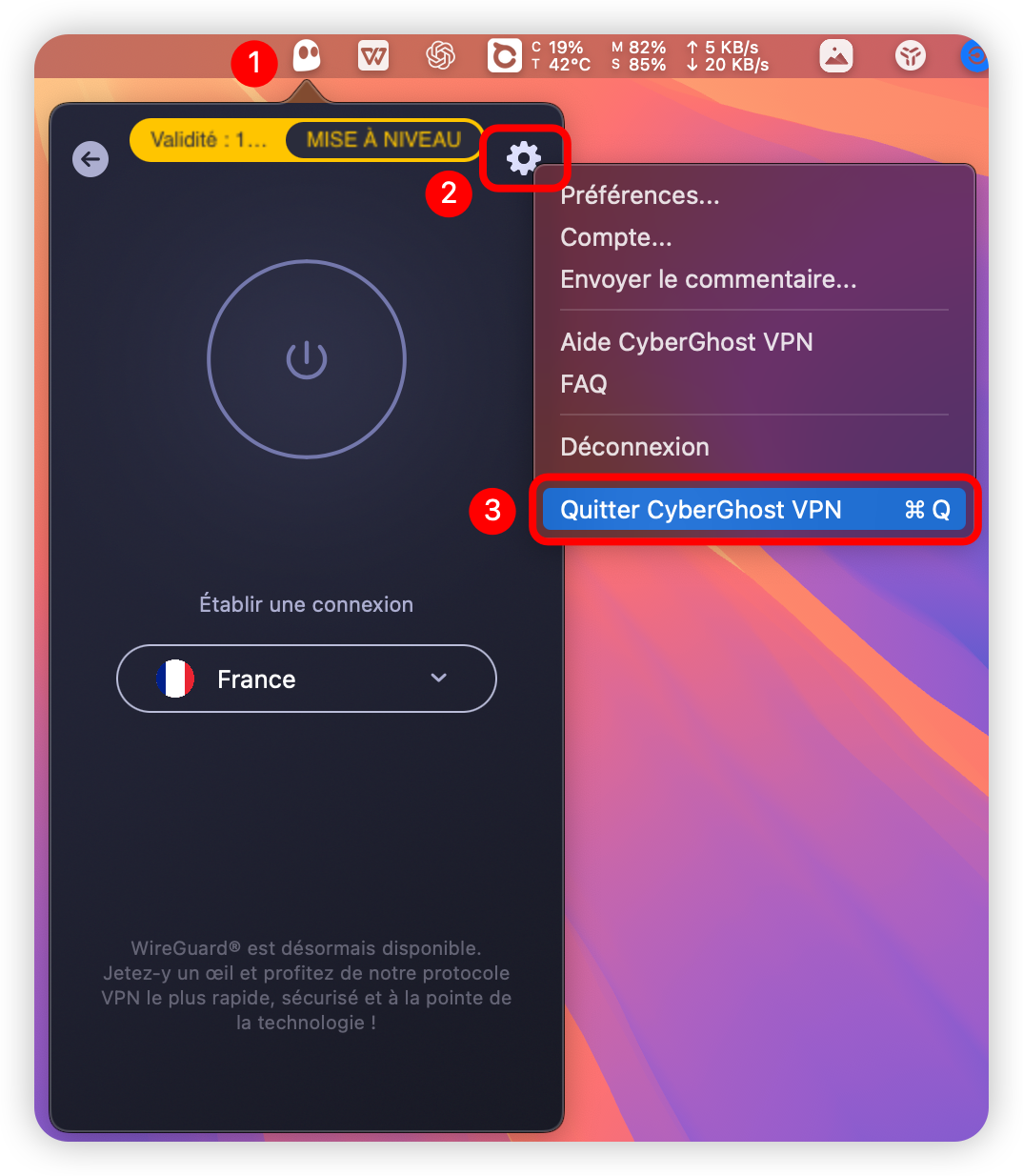 Quitter CyberGhost VPN dans le menu