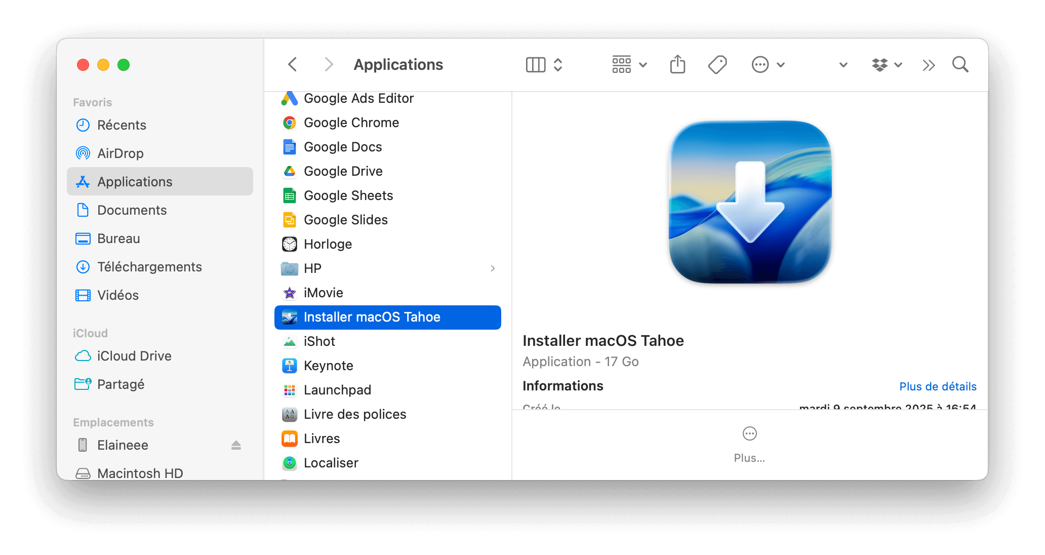 Trouver et installer l'application macOS Tahoe via le Finder
