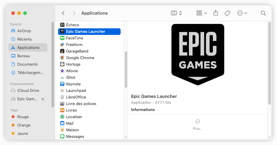 Epic Game dans Finder