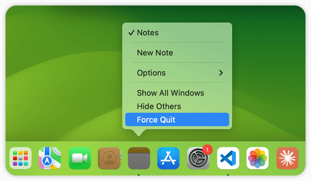 Force Quit Notes via the Dock