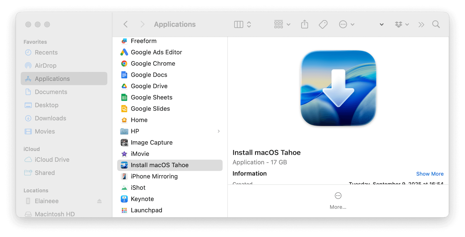 Find Install macOS Tahoe App in Finder