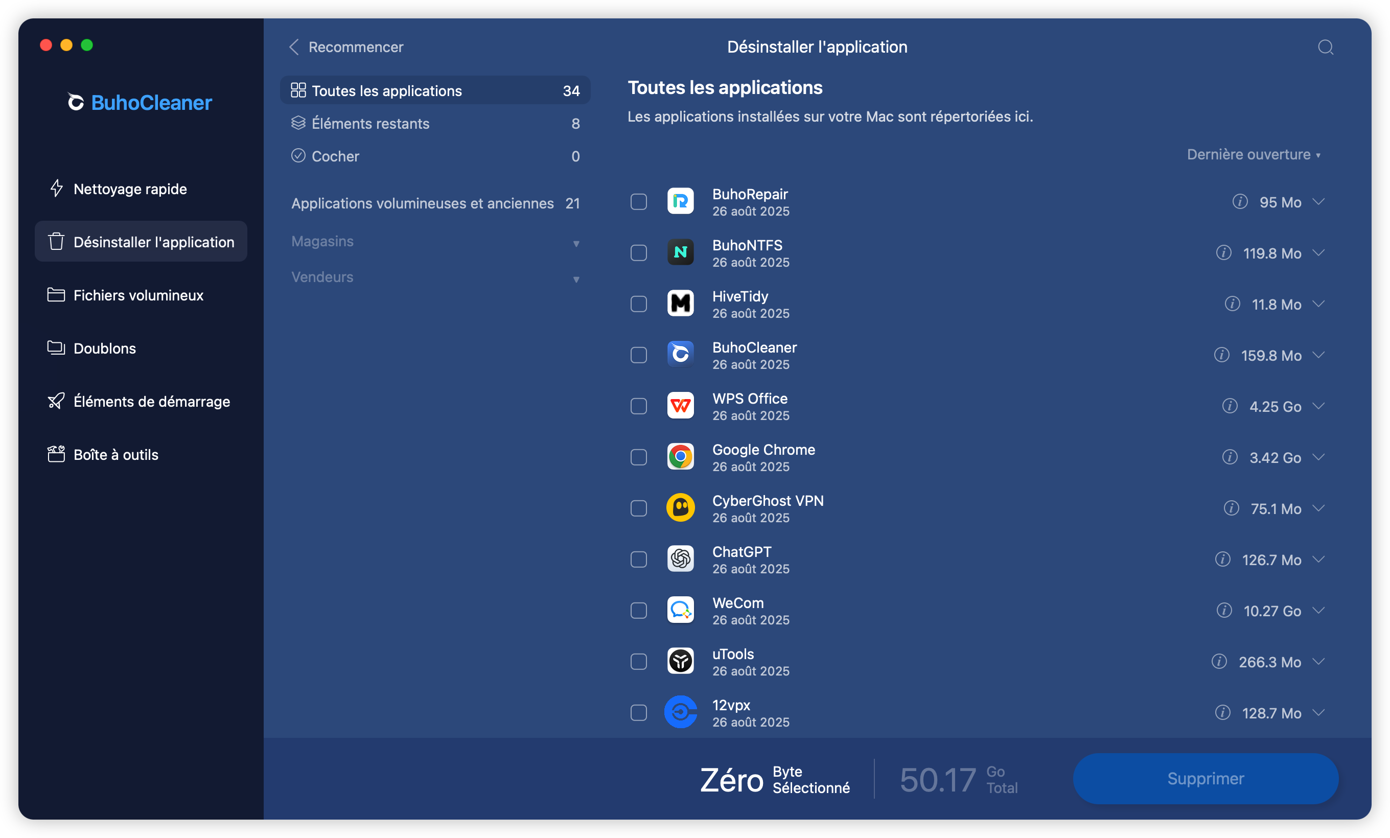 Désinstaller l'application dans BuhoCleaner