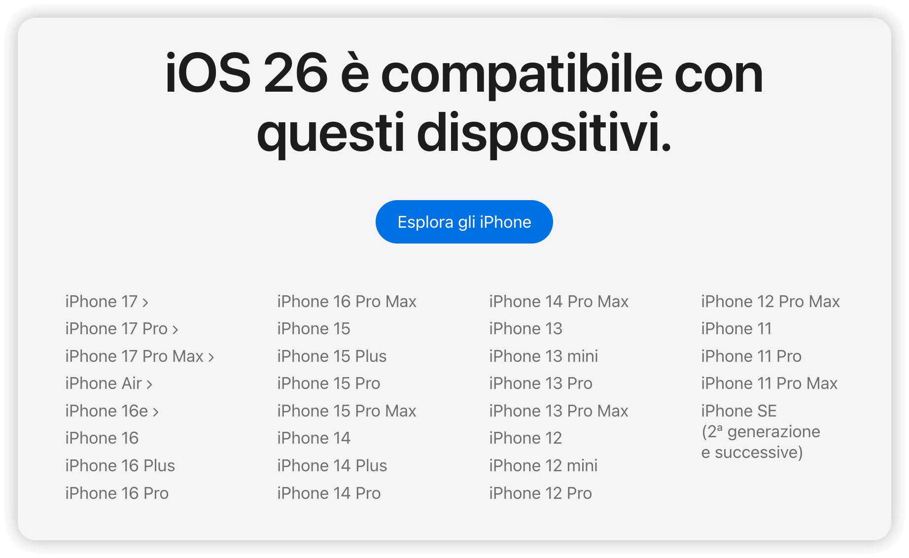 Dispositivi compatibili con iOS 26