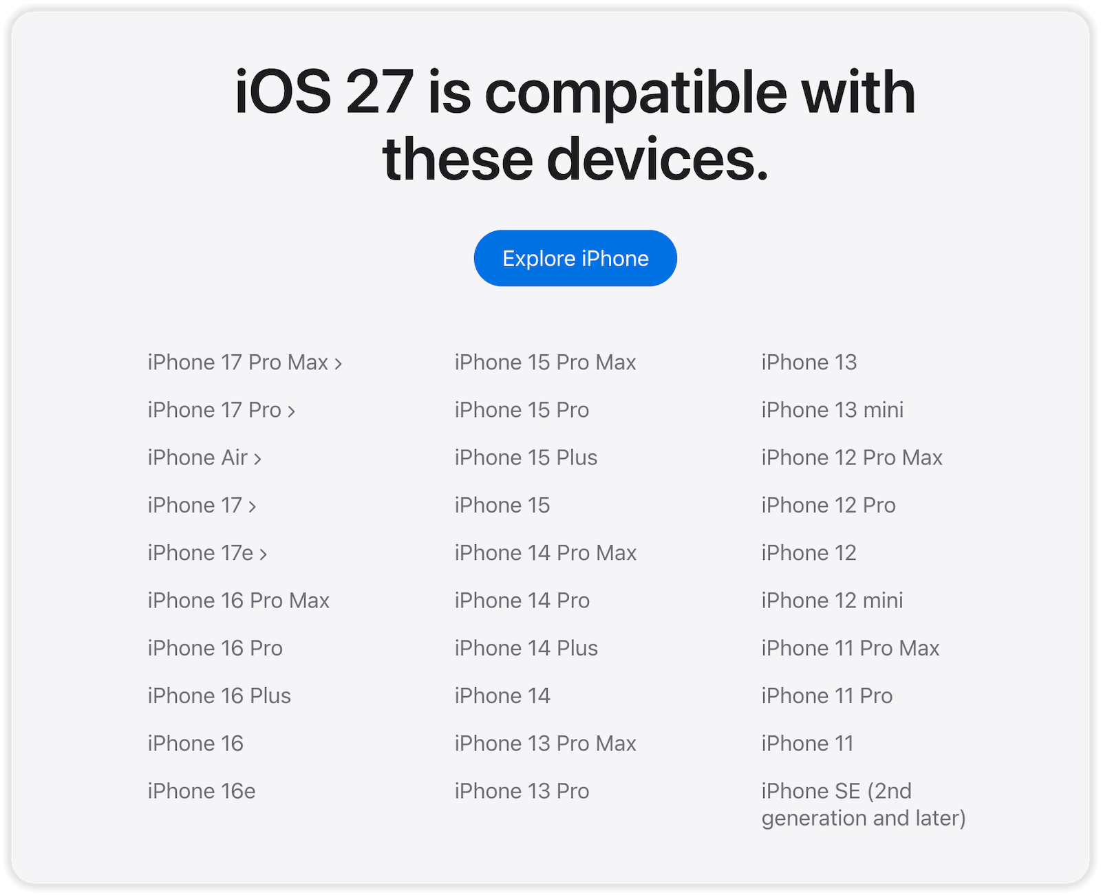 iOS 27 対応 iPhone 一覧