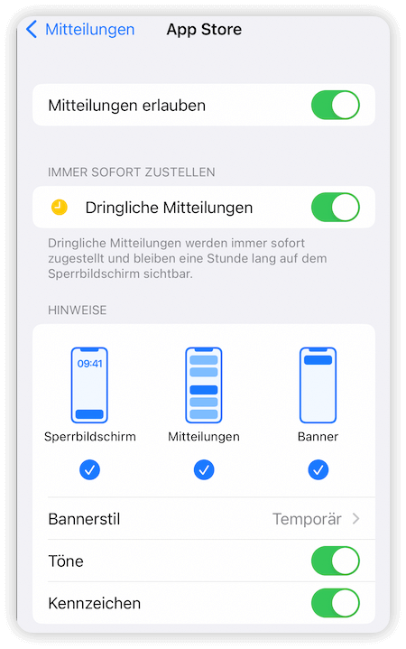 Einstellungen für Mitteilungen