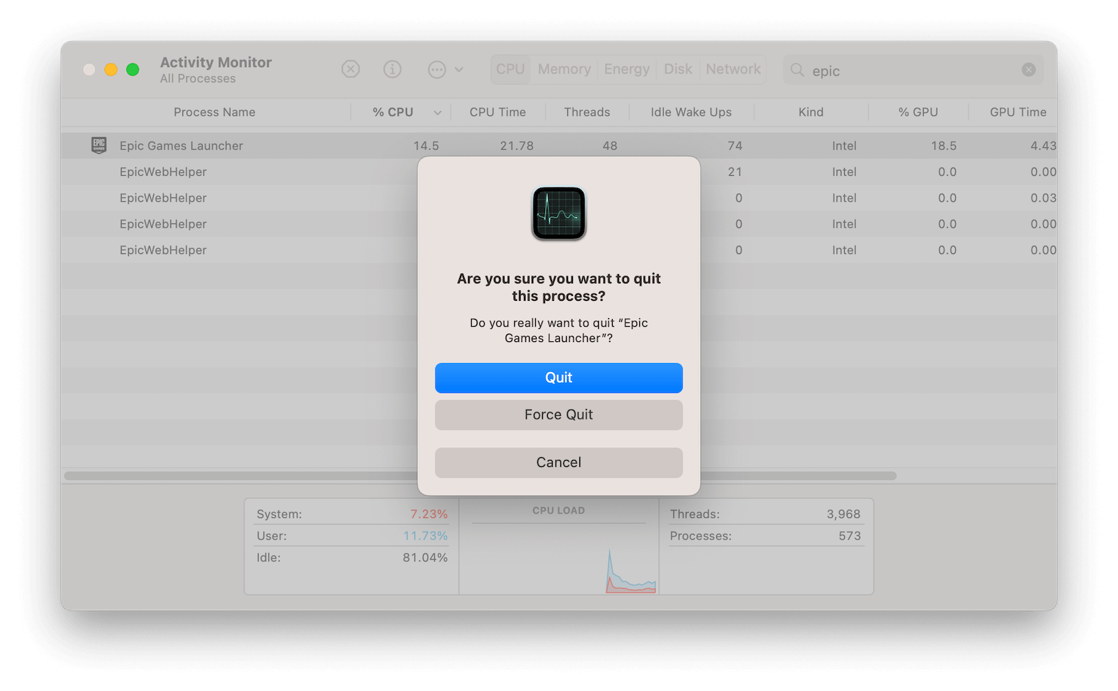 Quit Epic Games Launcher with Activity Monitor