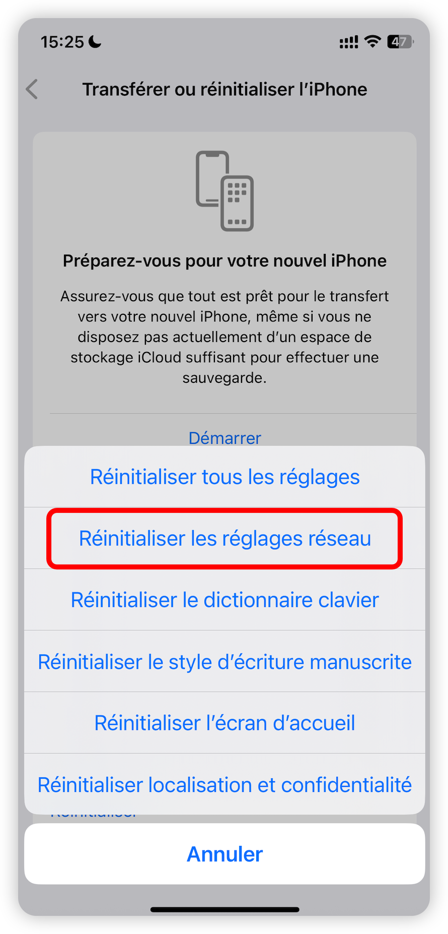 Réinitialiser les réglages réseau
