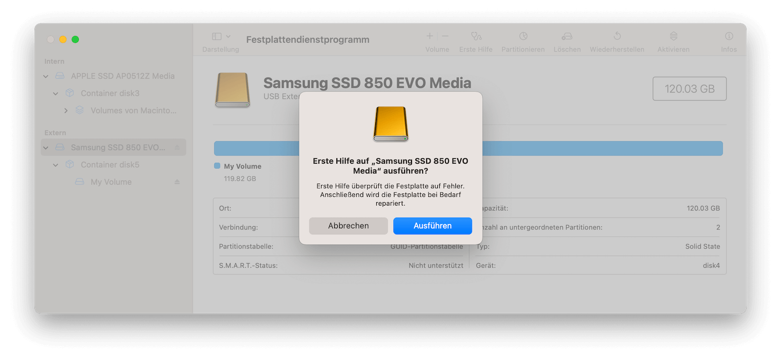 Run First Aid for External Hard Drive with Disk Utility