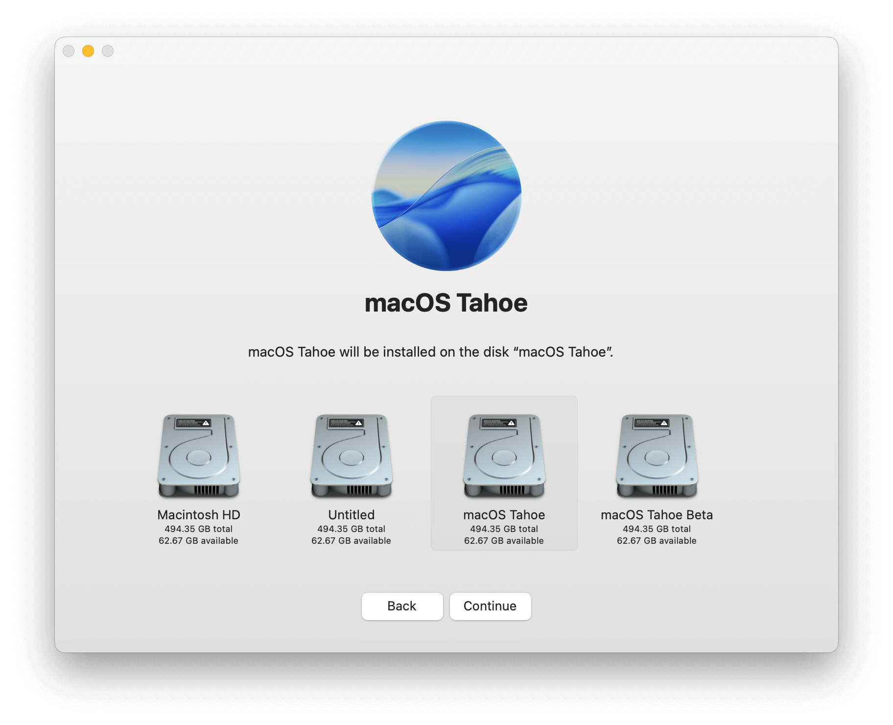 Select a Disk to Install macOS Tahoe