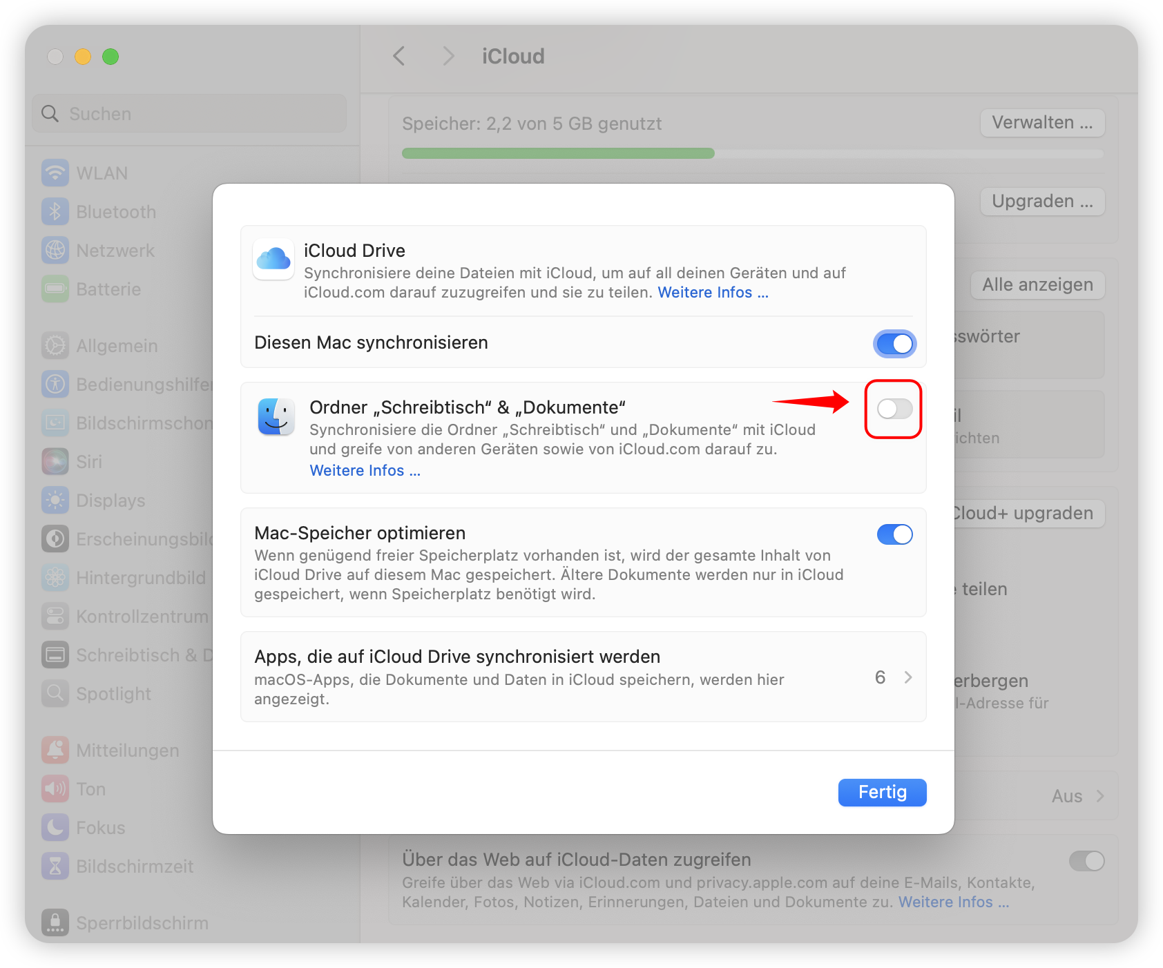 Stoppen Sie die Synchronisierung des Desktop- und Dokumentordners mit iCloud auf Mac