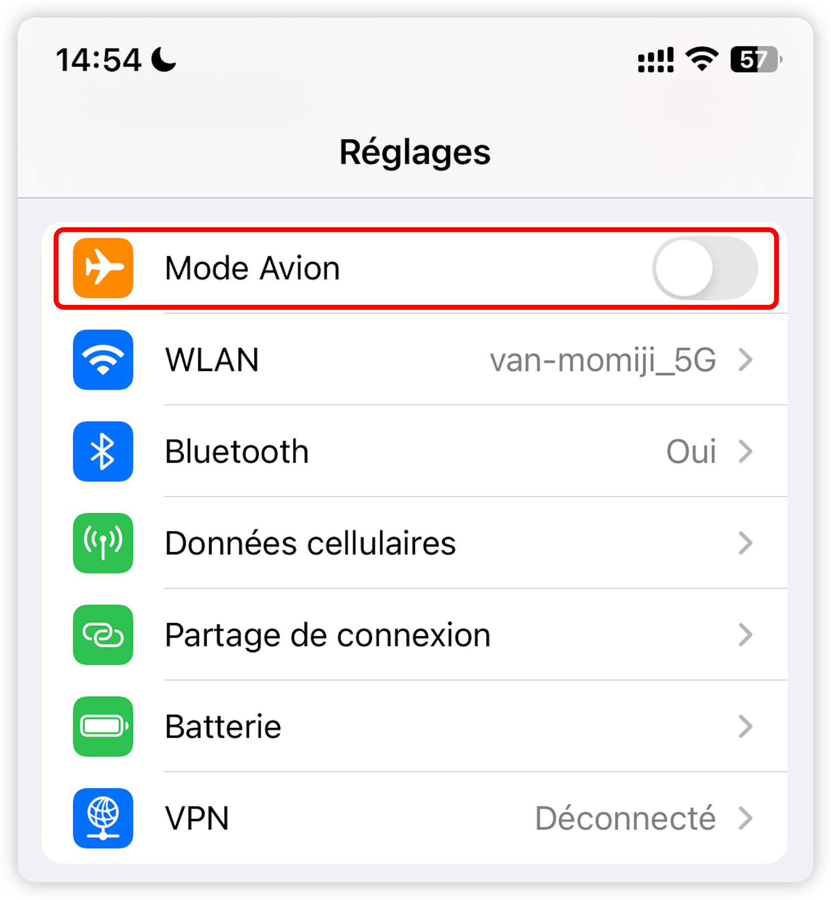 Vérifier le Mode Avion
