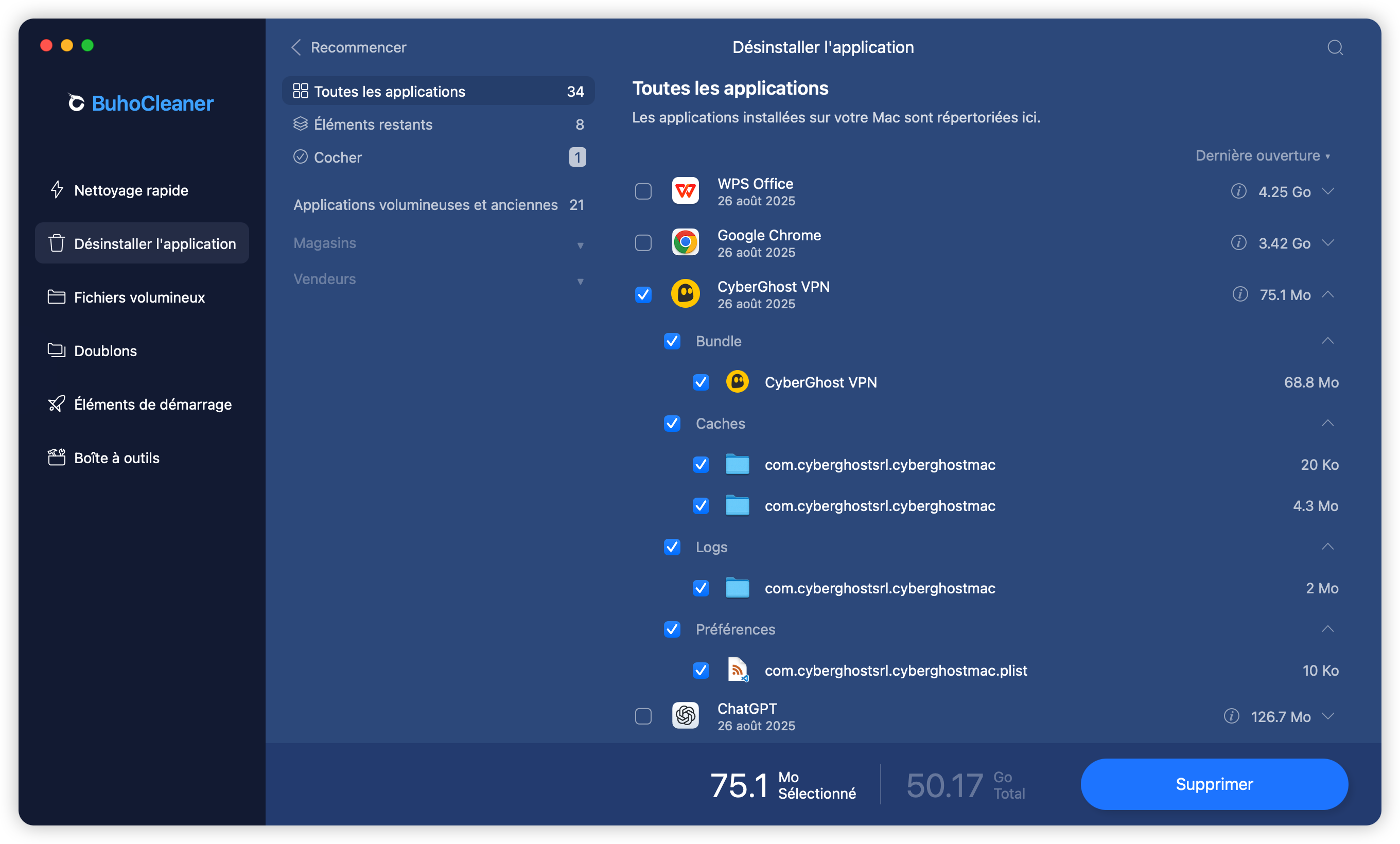 Rechercher CyberGhost dans BuhoCleaner pour le désinstaller