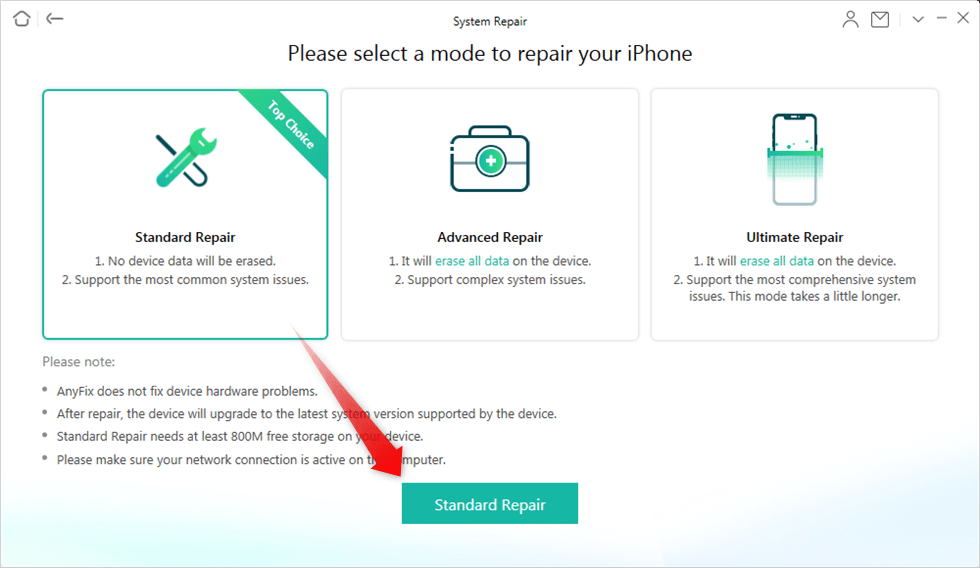 AnyFix - Standard Repair Mode