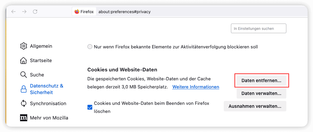 Firefox-Cookies auf dem Mac löschen und verwalten