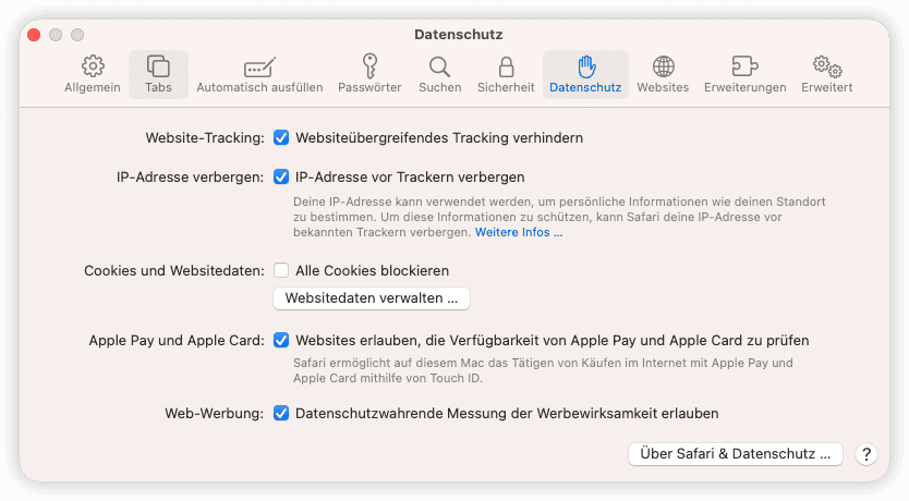 Im Safari Cookies löschen und verwalten