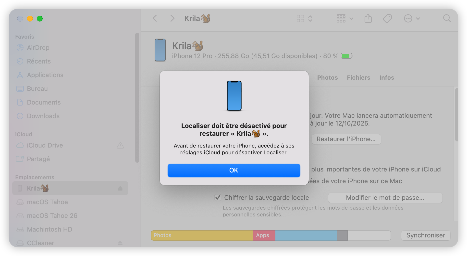 Restaurer l’iPhone pour réinitialiser le code d’accès