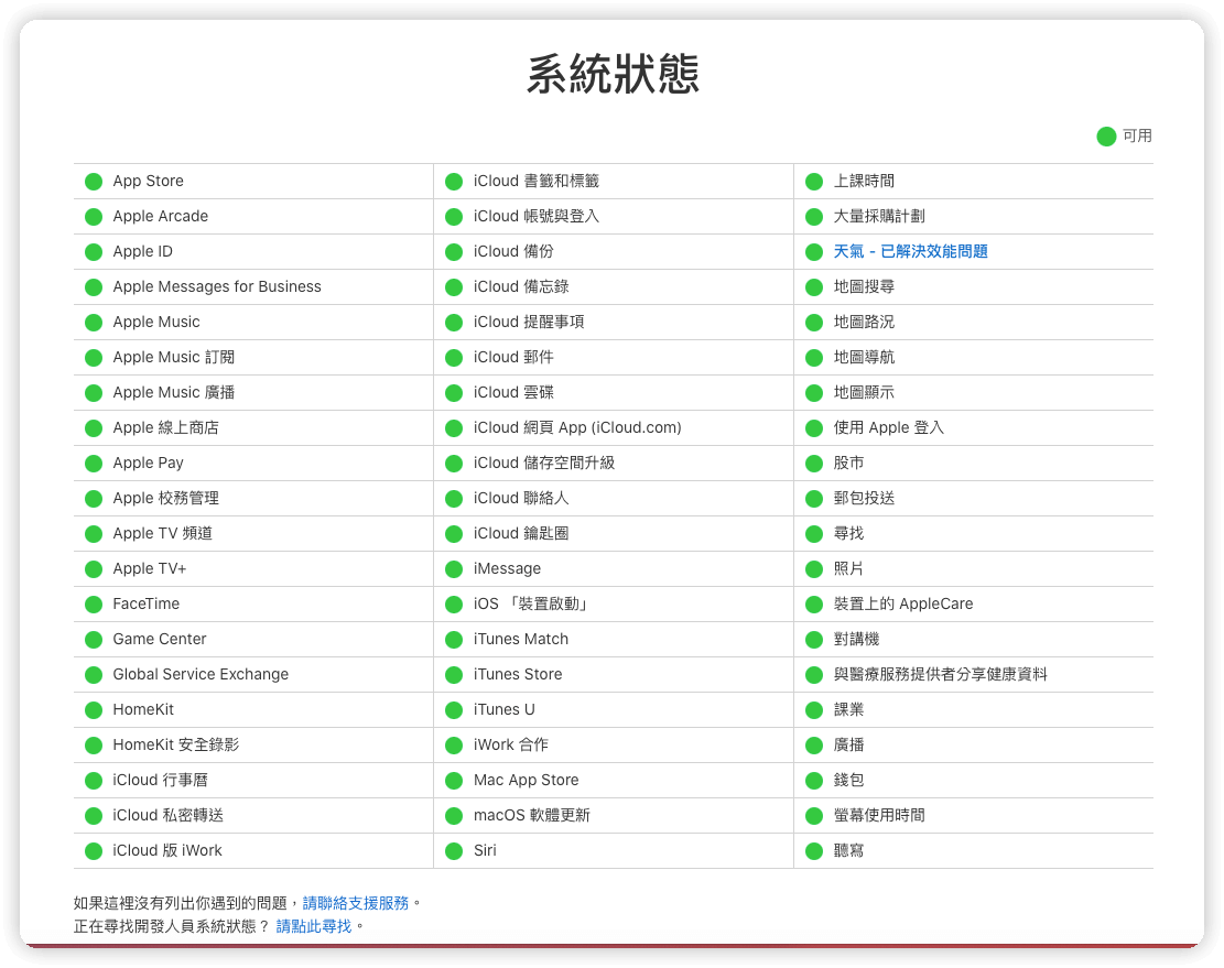 蘋果系統狀態頁面