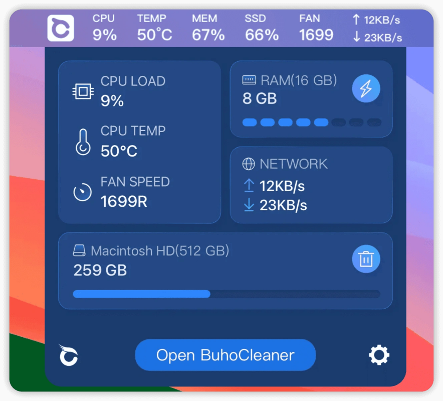 BuhoCleaner Menu App: Monitor Mac System Status