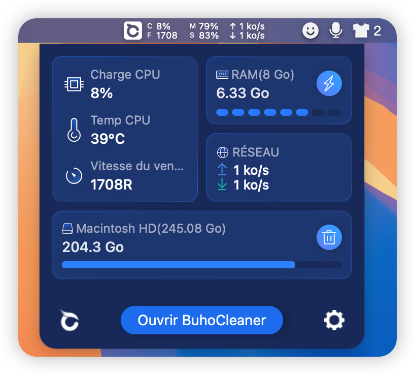 Barre de menus de BuhoCleaner