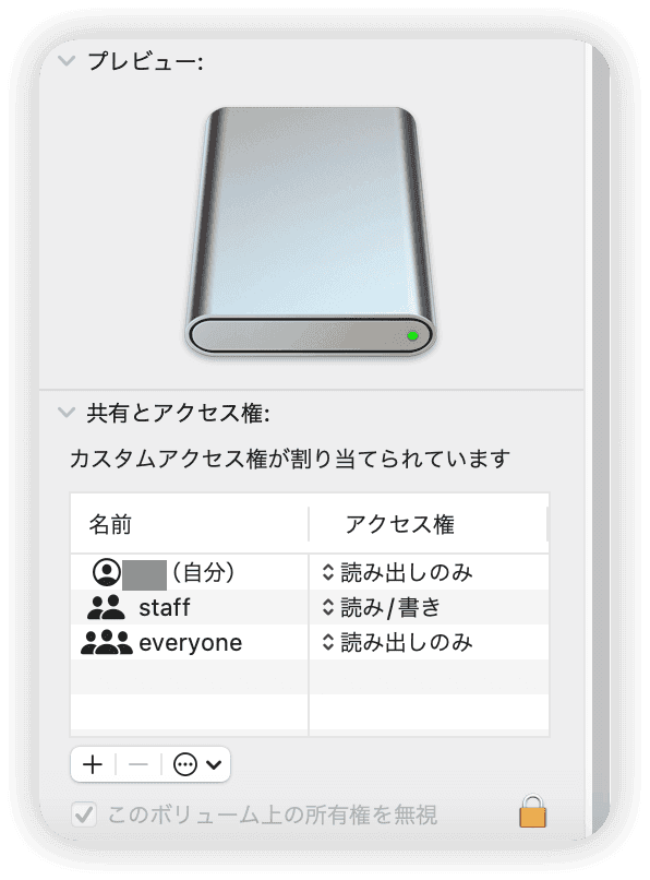 このボリューム上の所有権を無視する