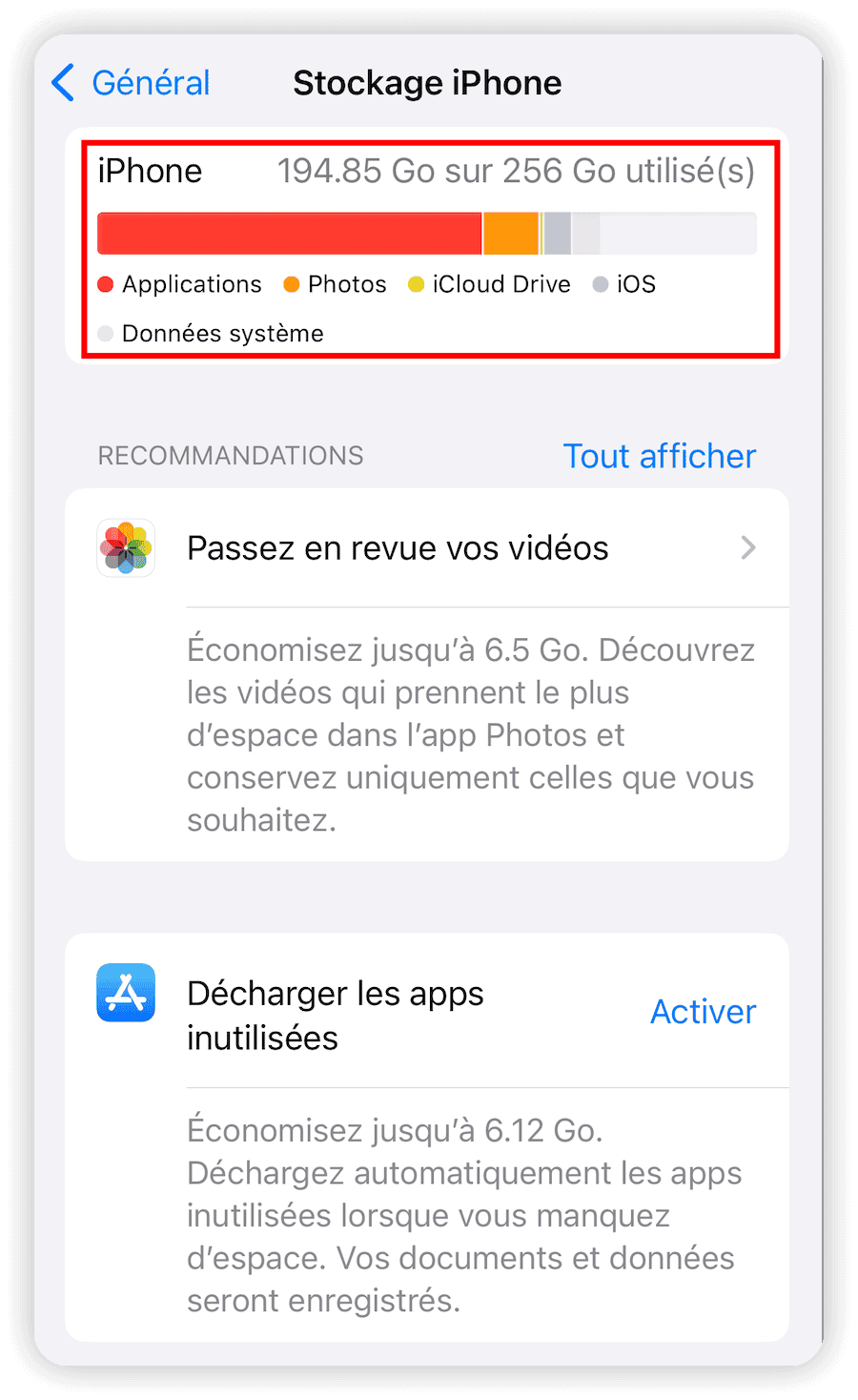 Vérifier Storage iPhone dans Réglages