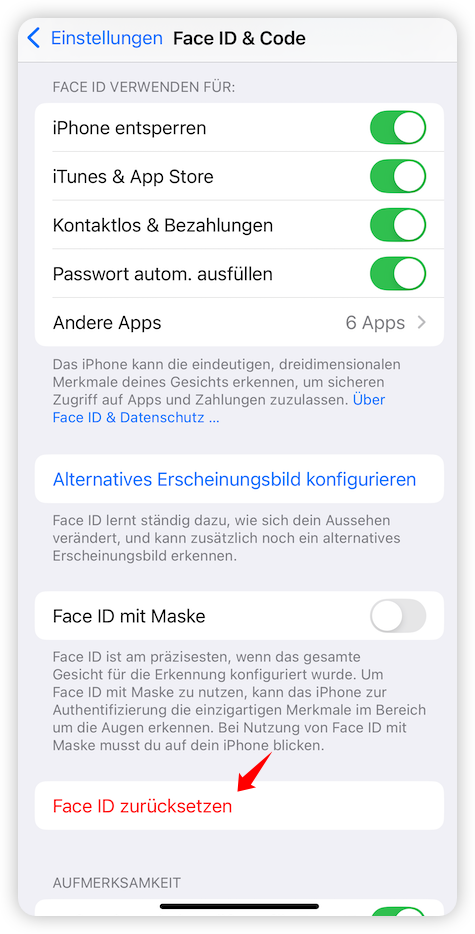 Code-Eingabe zum Aktivieren von Face ID deaktivieren