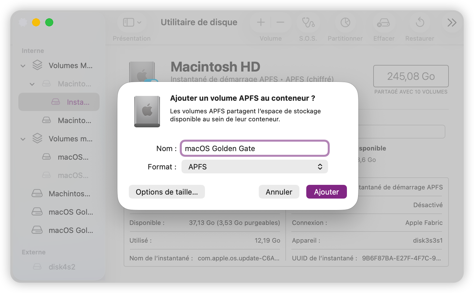 Créer un nouveau volume APFS pour macOS Golden Gate