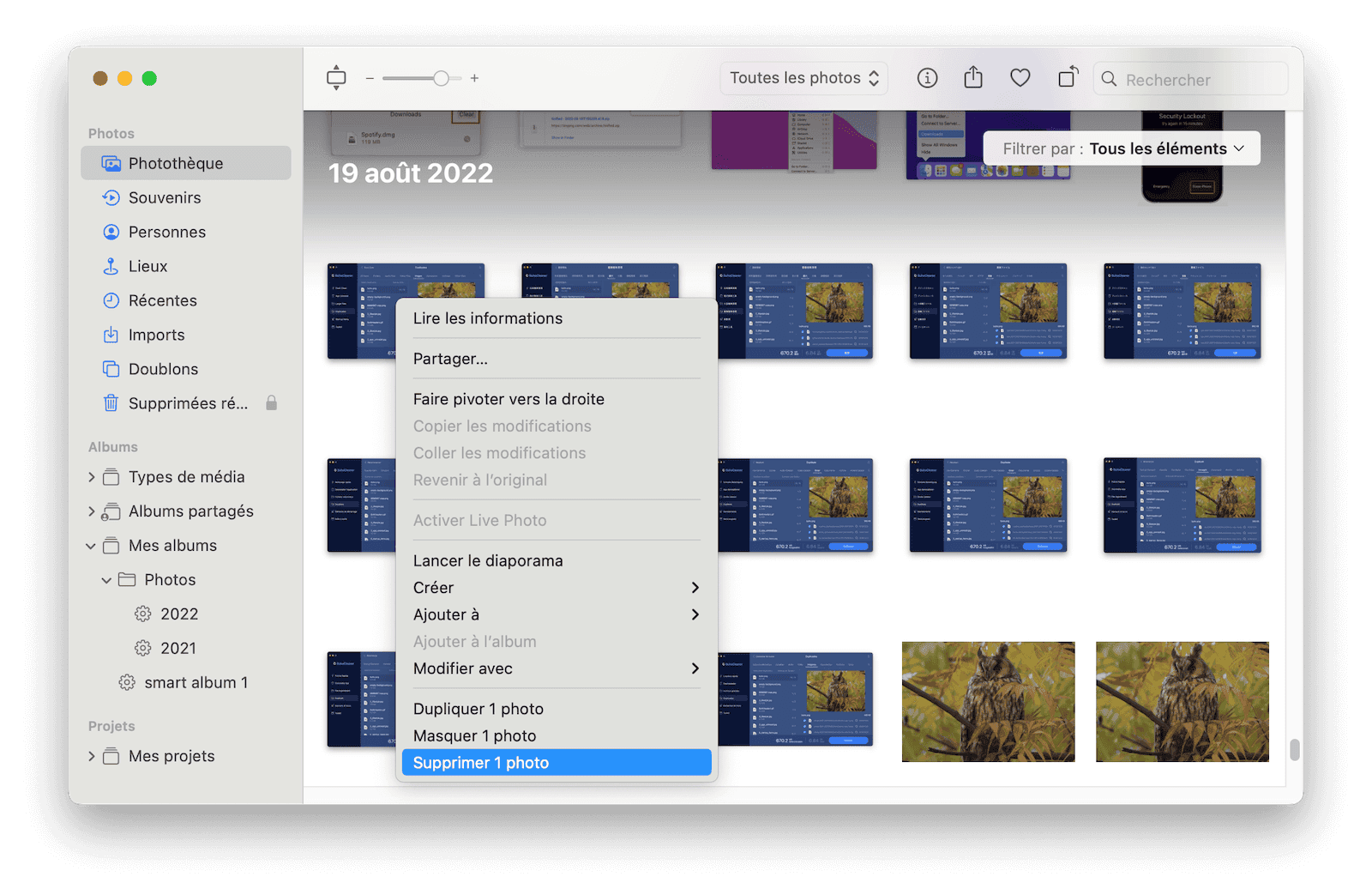 Supprimer photos d'iCloud photos application