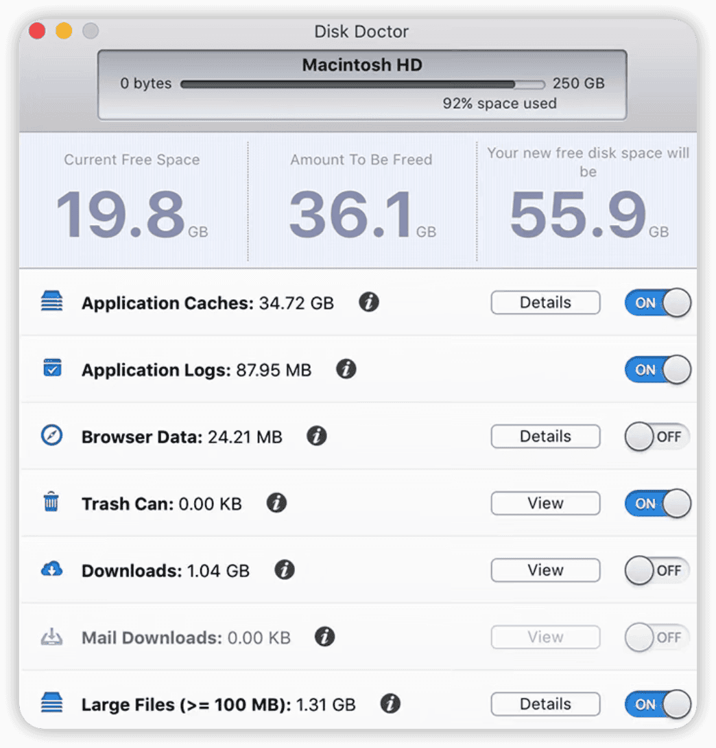 Melhores limpadores para Mac - Captura de tela do Disk Doctor
