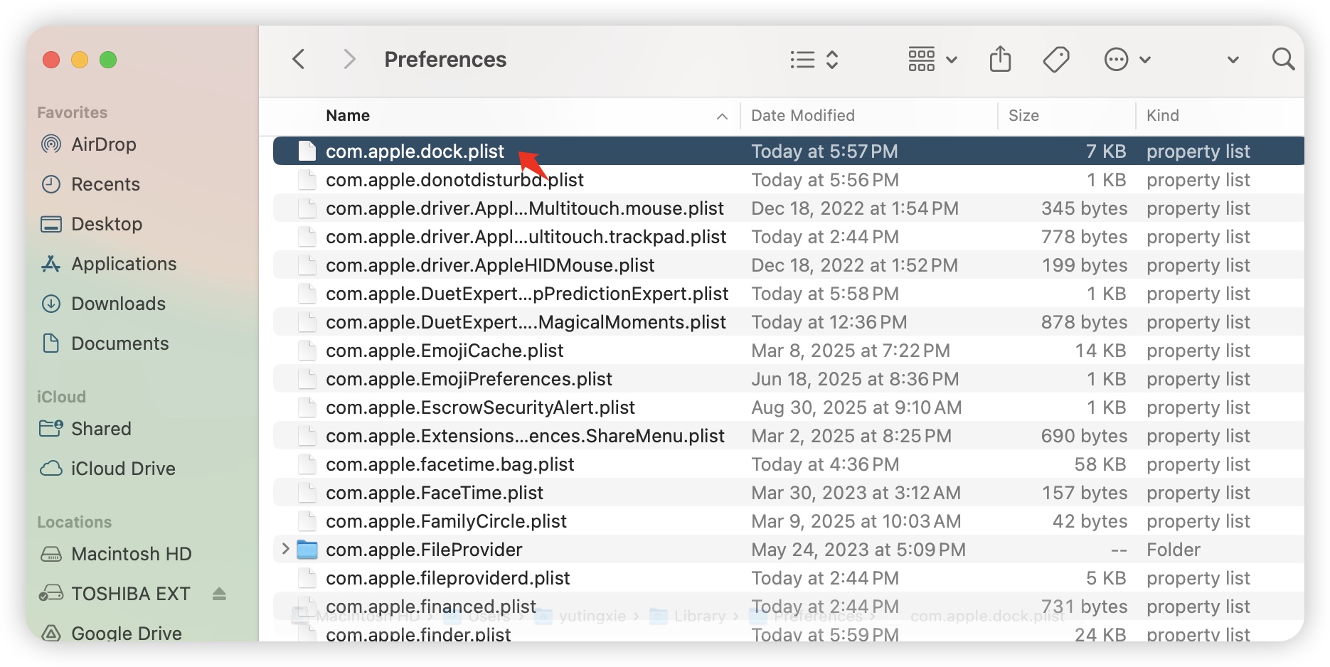 Dock preference plist file