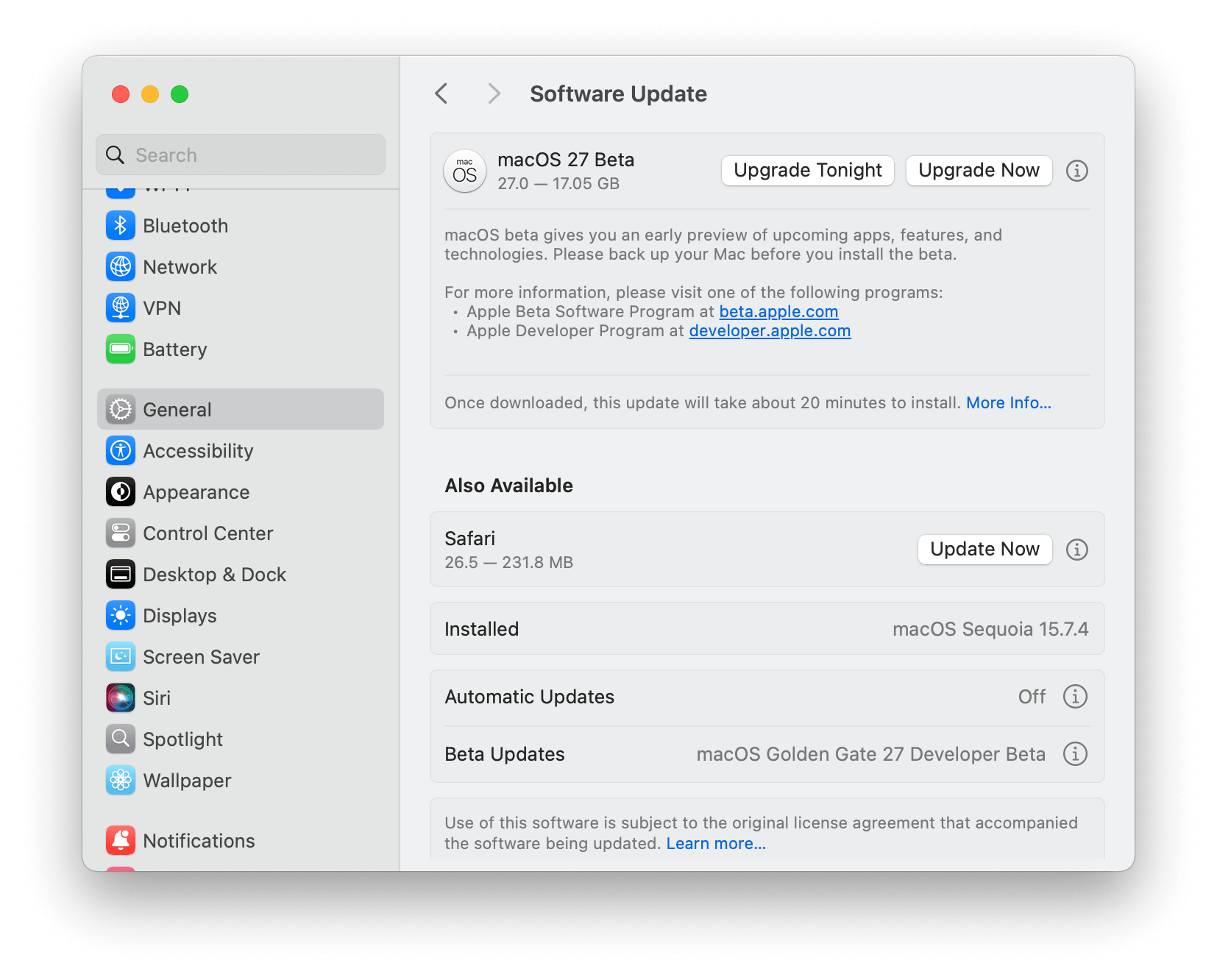 Download en installeer macOS 27 Golden Gate Developer Beta