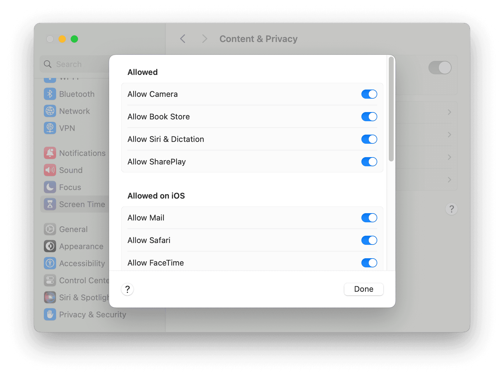 Enable Allow Camera in Screen Time Settings to Fix MacBook Camera Not Working Issue