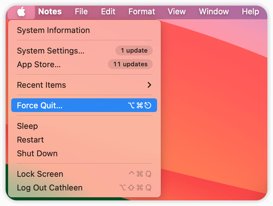 Force Quit Notes via the Apple Menu