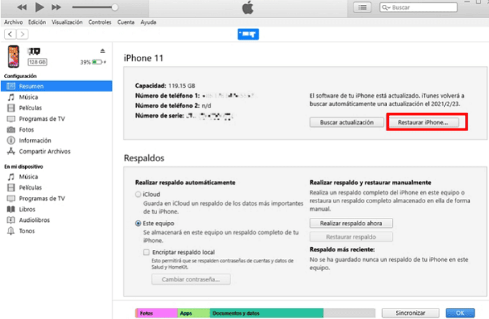 Formatear iPhone bloqueado mediante Restaurar iPhone