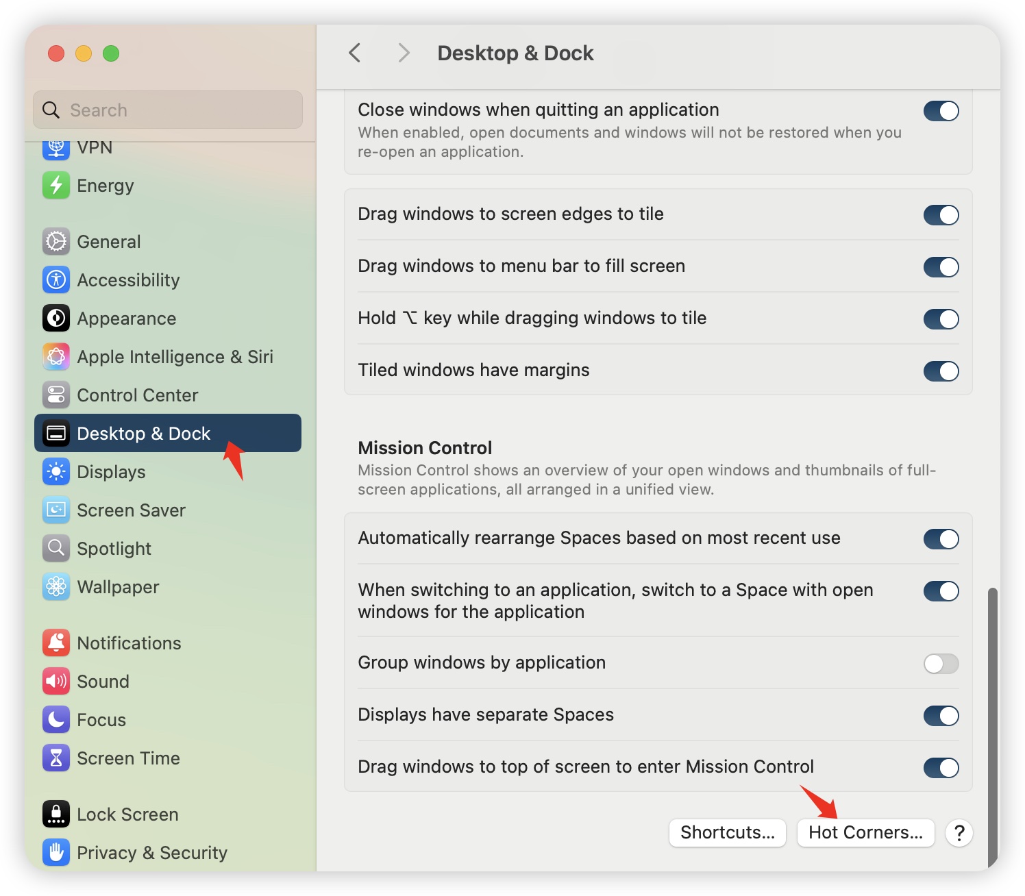 Hot Corners settings on Mac