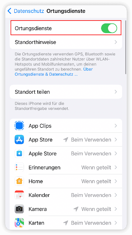 iPhone Ortungsdienste ausschalten
