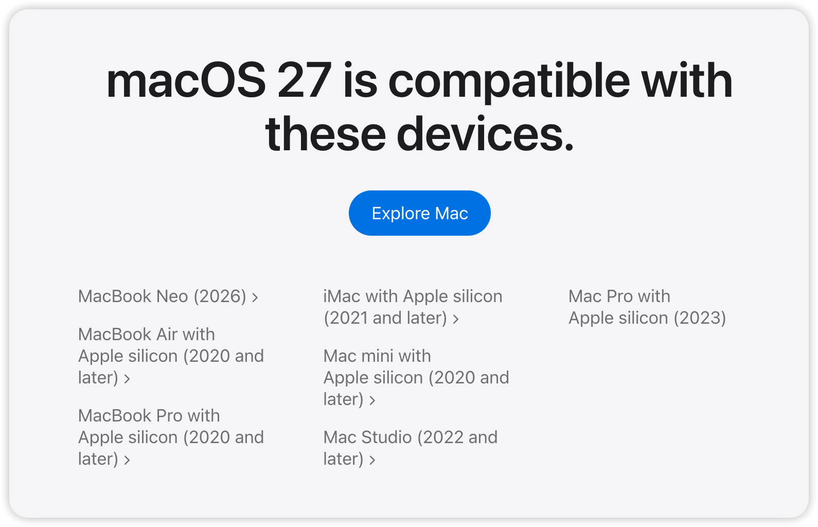 macOS 27 Golden Gate compatibele apparaten