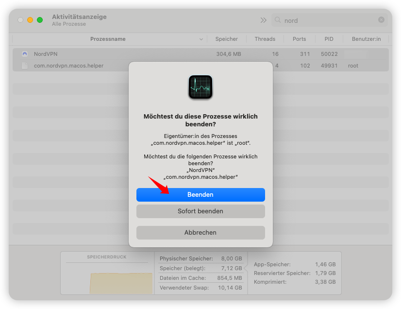 NordVPN für mac App mit Aktivitätsanzeige beenden