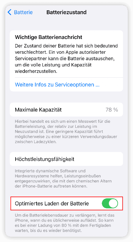 Optimiertes Laden der Batterie aktivieren