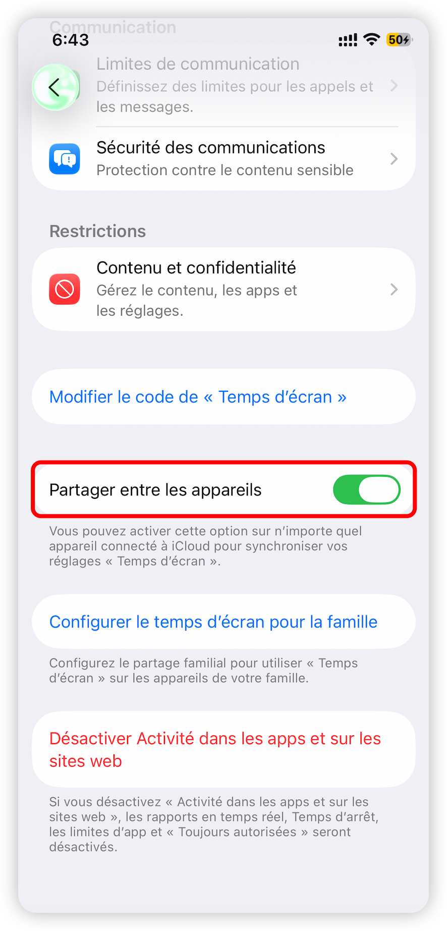 Activer Partager entre les appareils